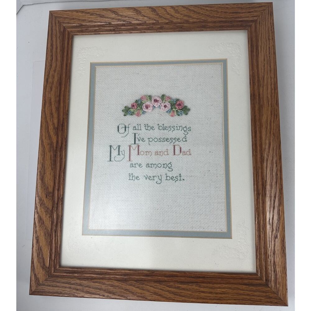 Framed and Completed Vintage Cross Stitch Mom And Dad Blessings Framed